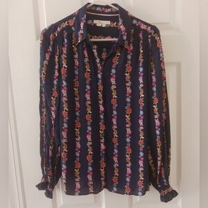 Boden Crepe de Chine Navy Floral Long Sleeve with Ruffle Shirt. Size 6.
